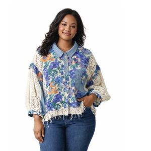 POL Boho Floral Patchwork Blouse Women Blue Chambray Crochet Lace Button-Up L
V